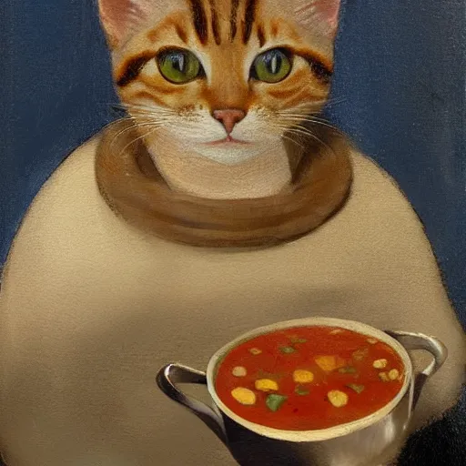 Image similar to the cat cooks soup, stirring a pot with a ladle, oil painting, drawn by Leonardo Da Vinci, trending in Artstation, artstationHD, 4k