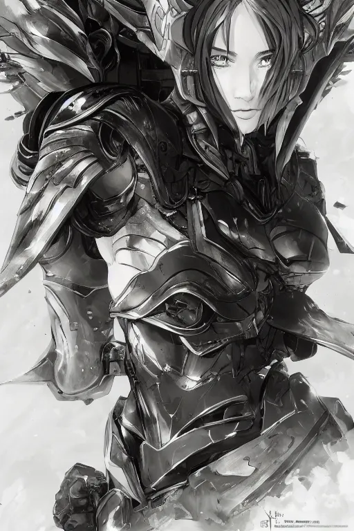 Prompt: gloden armor, portrait, armor angle with wing, girl, long hair, fight, battle, high detail, concept art, digital art, art of yoji shinkawa, trending on artstation, trending on deviantart, 4 k,