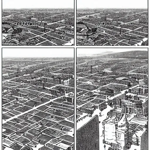 Prompt: a manga page showing a city from above,
