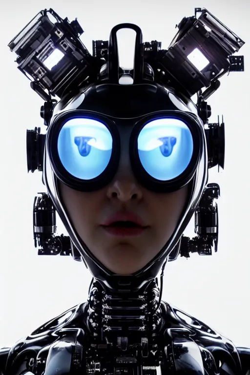 Image similar to cybernetic high tech girl with cat on her head, sci - fi, cyberpunk, futurism, exoskeleton, robot, strong artificial intelligence, symmetry, cinematic, elegant, luxury, professional studio light, perfect composition, dlsr photography, sharp focus, 8 k, ultra hd, sense of awe, highly detailed, hyper realistic, intricate, science journal cover