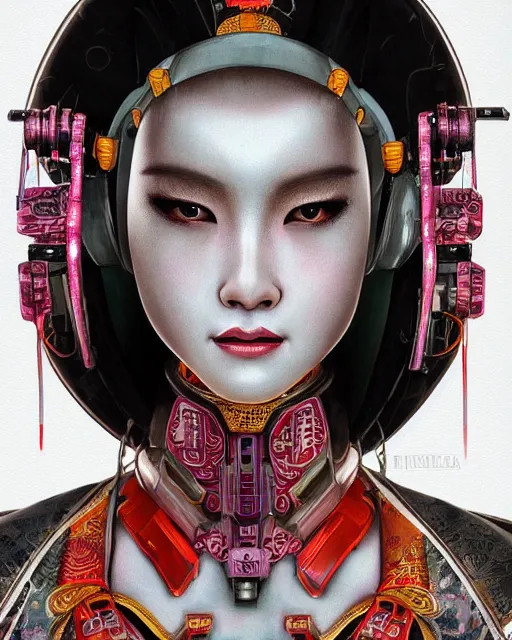 Image similar to upper half portrait of a female robot with machine head gear cyberpunk face accessories, decorated with chinese opera motifs, royal, fine china, wuxia, traditional chinese art intricate intense elegant highly detailed digital painting artstation concept art smooth sharp focus illustration, art by mike nash and artgerm and alphonse mucha and vania zouravliov, 8 k