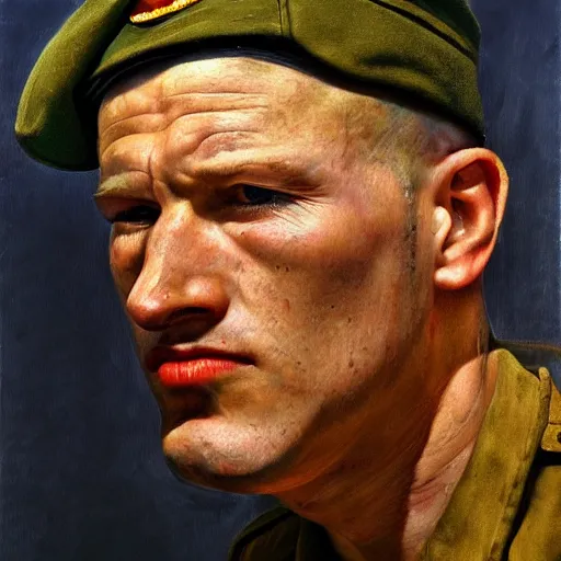Image similar to high quality high detail painting by lucian freud, hd, american soldier, photorealistic lighting