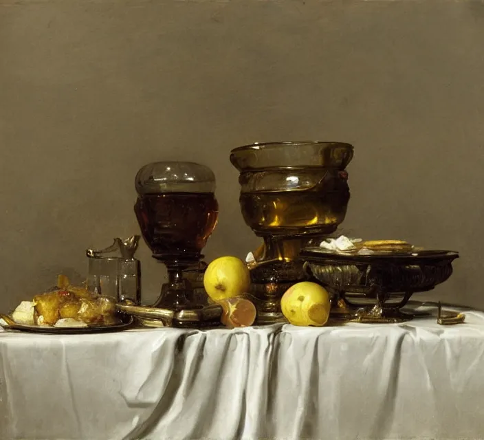 Prompt: still life by willem claesz heda