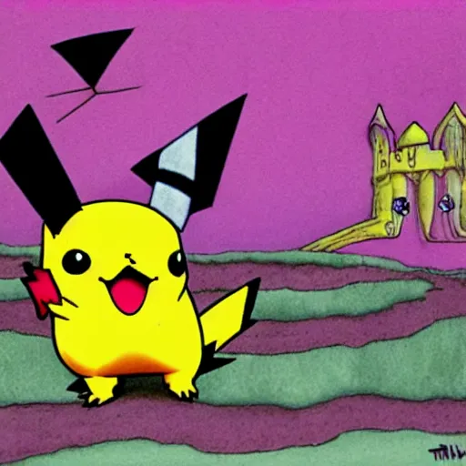 Prompt: pikachu in tim burton cartoon,