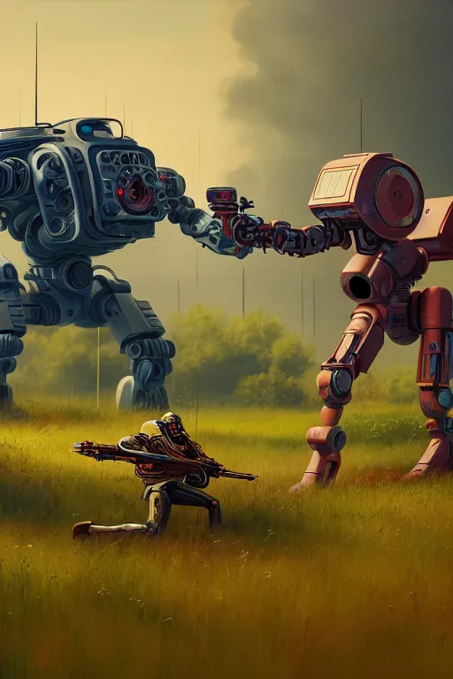 Prompt: One small and one large cyborg facing off in a duel, epic, ultra hd, Painting By Simon Stalenhag, unreal 5, DAZ, hyperrealistic, octane render, dynamic lighting, intricate detail, summer vibrancy, cinematic