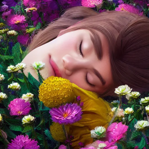 Image similar to girl sleeping on a big flower, illustrated painting, incredible details, highly detailed, photorealistic, disney pixar, smooth, octane render, iridescent, 8 k