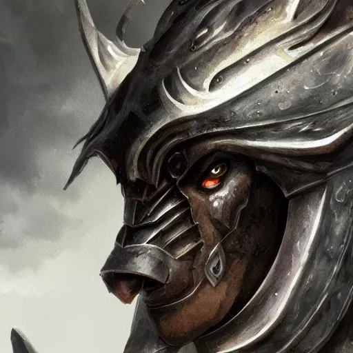 Image similar to close up portrait of a black haired Minotaur in plate armor, concept art, fantasy painting