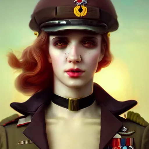 Image similar to gorgeous happy devil in military uniform by tom bagshaw, by beeple, soft lighting, solid background,