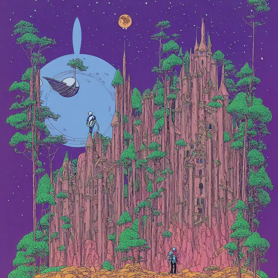 Prompt: ( ( ( ( a majestic castle at the end of a forest and an astronaut looking at it, with decorative frame design ) ) ) ) by mœbius!!!!!!!!!!!!!!!!!!!!!!!!!!!, overdetailed art, colorful, artistic record jacket design