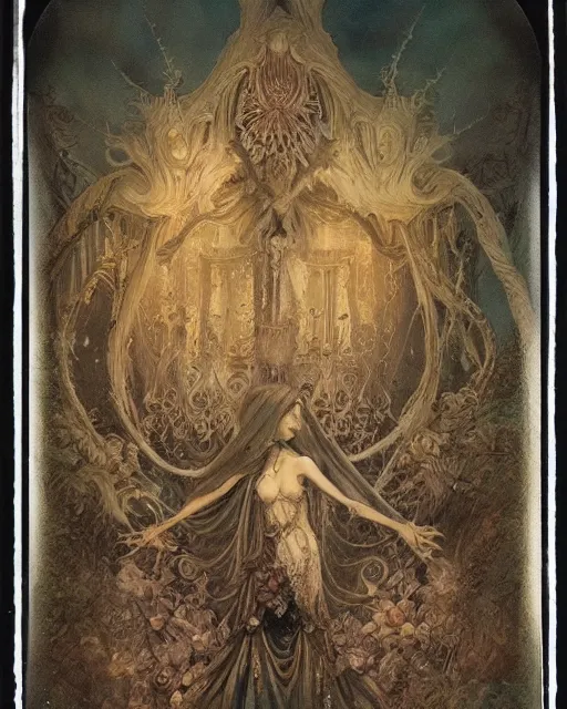 Image similar to a beautiful detailed front view of a dead rotten princess growing ornate baroque, ornamentation, elegant, beautifully soft lit, by wayne barlowe, peter mohrbacher, kelly mckernan, 1 9 1 0 polaroid photography