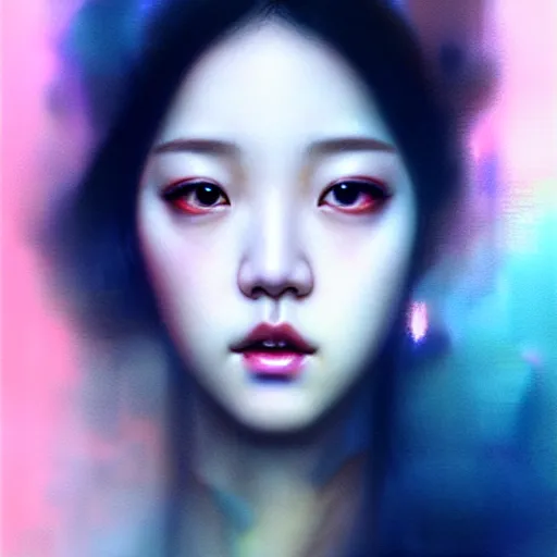 Image similar to jisoo of blackpink, hyperrealistic portrait, bladerunner street, by karol bak and agnes cecile, fantasy art, photo realistic, dynamic lighting, artstation, poster, volumetric lighting, very detailed face, 8 k, award winning