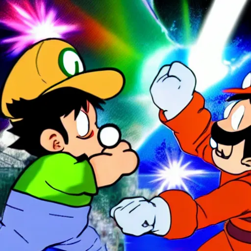 Image similar to luigi and son goku fighting, intense fight, epic lighting