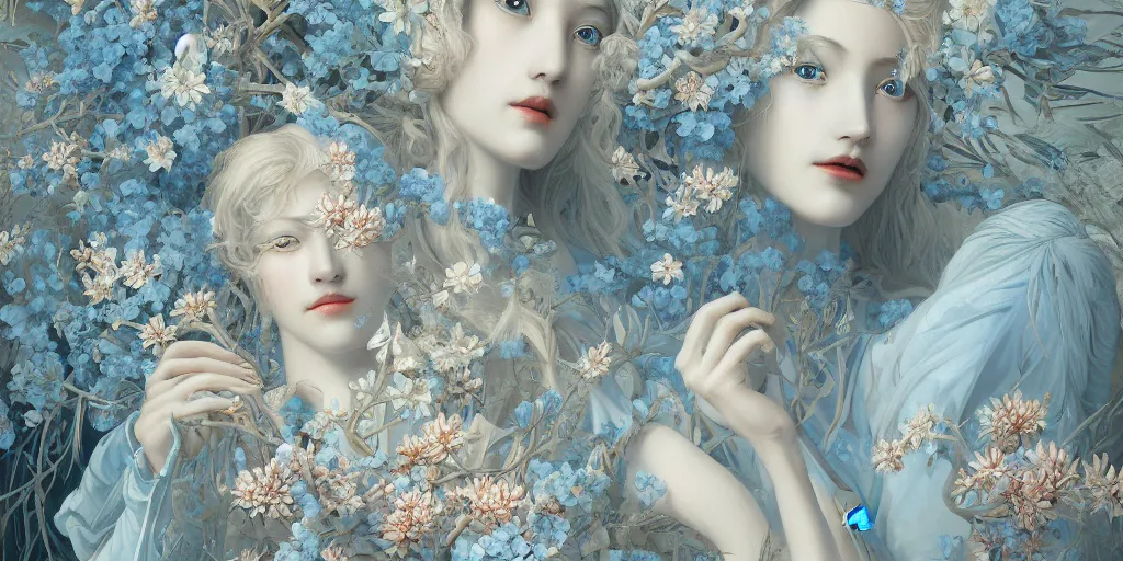 Image similar to breathtaking detailed concept art painting art deco pattern of blonde faces goddesses amalmation light - blue flowers with anxious piercing eyes and blend of flowers and birds, by hsiao - ron cheng and john james audubon, bizarre compositions, exquisite detail, extremely moody lighting, 8 k