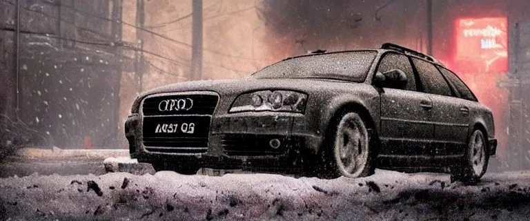 Image similar to Audi A4 B6 Avant (2002), a gritty neo-noir, dramatic lighting, cinematic, eerie person, death, homicide, homicide in the snow, viscera splattered, gunshots, bullet holes, establishing shot, extremely high detail, photorealistic, fire, arson, cinematic lighting, artstation, by simon stalenhag, Max Payne (PC) (2001) winter New York at night, In the style of Max Payne 1 graphic novel, flashing lights, Poets of the Fall - Late Goodbye