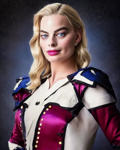 Image similar to A portrait of a margot robbie in a cosplay uniform, piercing eyes, highly detailed, bokeh, professional photograph, full body shot 4K, HD