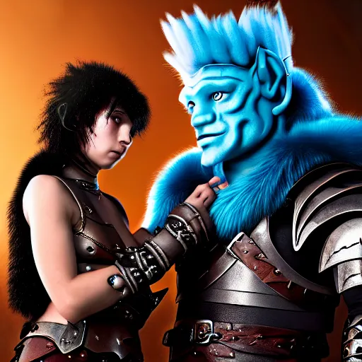 Image similar to a male DND barbarian wearing leather armor and fur holding a small blue-skinned Triton girl with black hair, high resolution film still, 4k, HDR colors