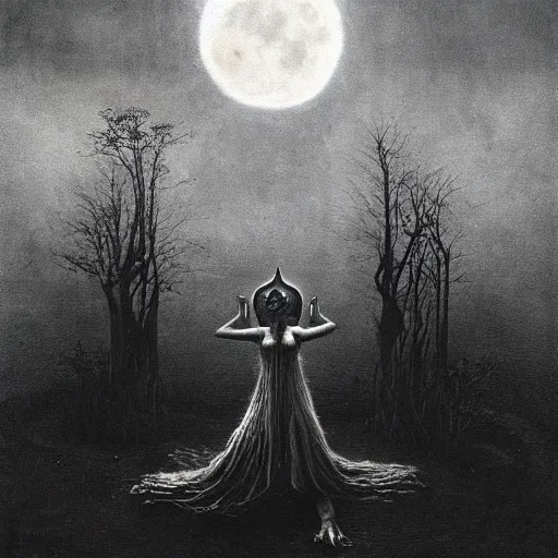 Prompt: occult witch hailing the full moon in a satanistic ritual, dark, mysticism, highly detailed, beksinski, 8 k, ultra high quality, cinematic lighting, dramatic, elegant, hyper realistic, zen