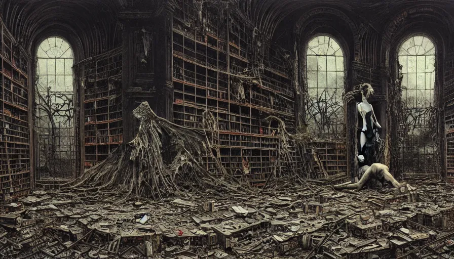 Prompt: a fallen angel stands in the middle of the destroyed library, rotting, blood, night, death, fear, horror, religion, hyperrealism, detailed and intricate environment, by giger