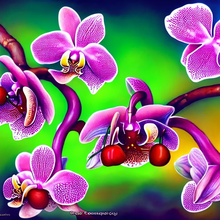 Image similar to extremely psychedelic macro orchid and cherry blossom and musroom, DoF, LSD, raindrops, specular highlights, diffuse lighting, fantasy, intricate, elegant, highly detailed, lifelike, photorealistic, digital painting, artstation, illustration, concept art, smooth, sharp focus, art by John Collier and Albert Aublet and Krenz Cushart and Artem Demura and Alphonse Mucha