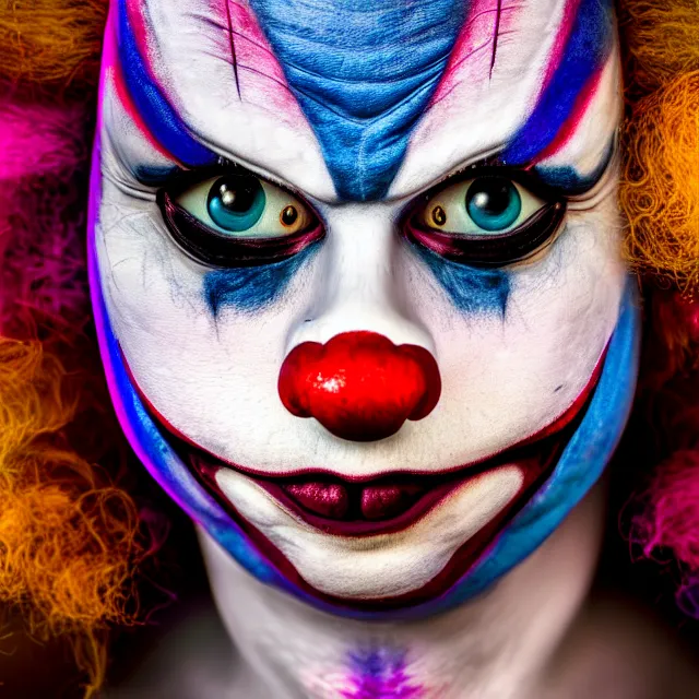 Image similar to photo of a beautiful creepy female clown, highly detailed, 8 k, hdr, close up, smooth, sharp focus, high resolution, award - winning photo