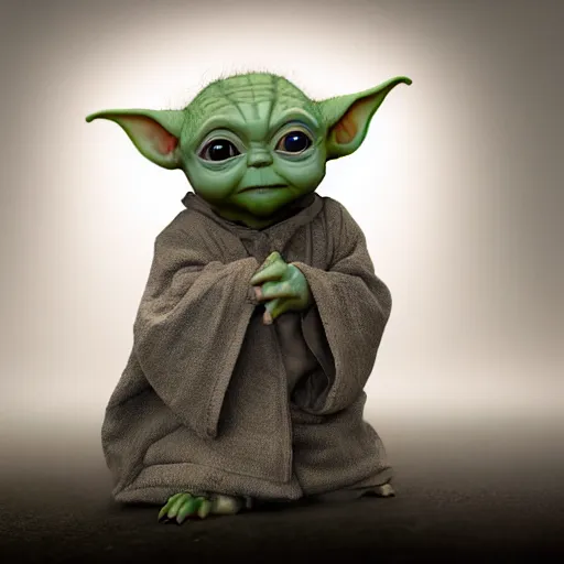 Image similar to full body pose, hyperrealistic photograph of a unique baby yoda, dim volumetric lighting, 8 k, octane beautifully detailed render, extremely hyper detailed, intricate, epic composition, cinematic lighting, masterpiece, trending on artstation, very very detailed, stunning, hdr, smooth, sharp focus, high resolution, award, winning photo, dslr, 5 0 mm
