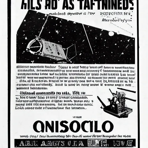 Prompt: old newspaper advertisement for asteroid mining equipment