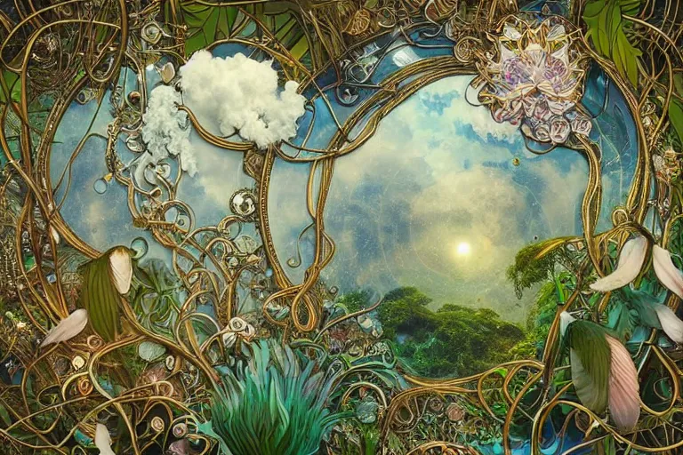 Image similar to simplicity, a huge flock of many ornate intricate puffy filigreed clouds tangled into large whirling ultra detailed crystal specimens, art nouveau jungle environment, playful, award winning art, epic dreamlike fantasy landscape, ultra realistic,