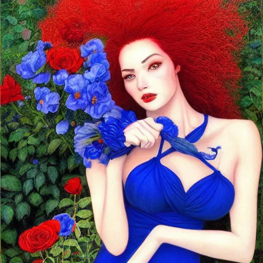 Image similar to a beautiful warrior woman, red hair, blue dress, detailed, rose garden, by john howe _ h 7 0 4