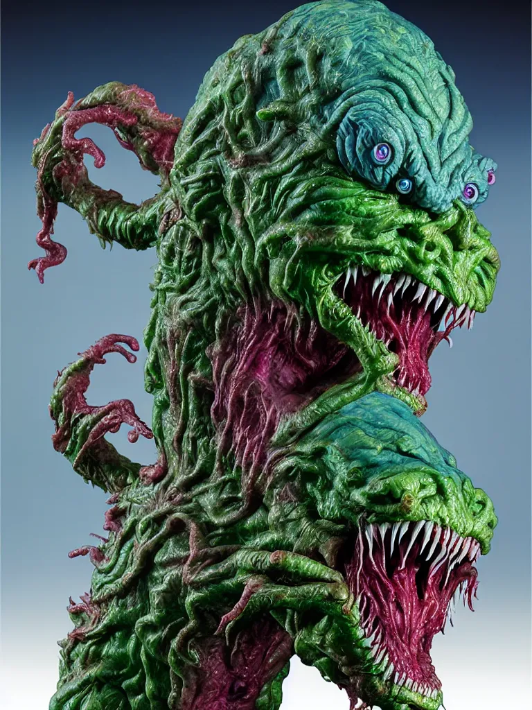 Image similar to hyperrealistic rendering, fat smooth wet cronenberg flesh monster smooth kaiju by art of skinner and richard corben and jeff easley, product photography, action figure, sofubi, studio lighting, colored gels