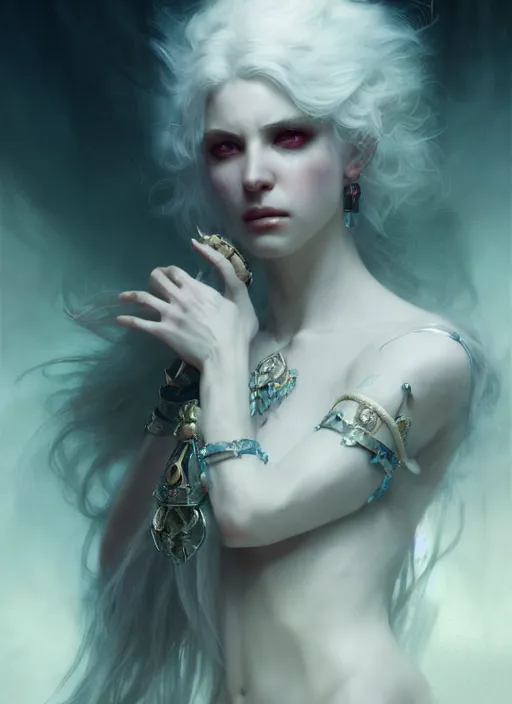 Prompt: a beautiful white haired princess, adorned with precious stone jewelry, intricate concept art, ominous, gorgeous dark fantasy, misty, dramatic lighting, octane render, 8 k, ruan jia and jeremy mann and tom bagshaw and alphonse mucha