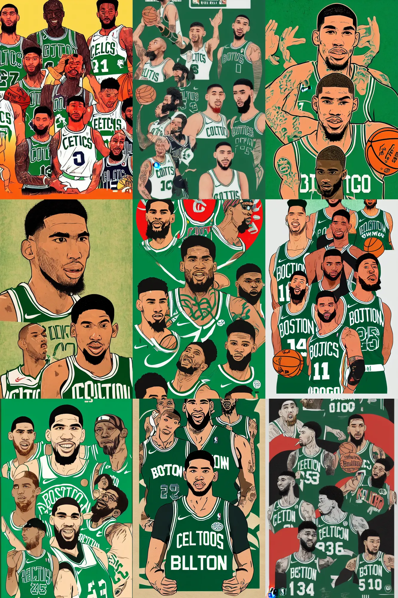 Prompt: ukiyo-e portrait of the Boston Celtics, Jayson Tatum, Jaylen Brown, Larry Bird, Bill Russell, digital art, trending on artstation