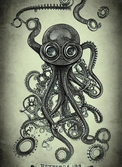 Image similar to steampunk clockwork robotic octopus, hand drawn illustration, old - fashioned poster style, highly detailed vector art