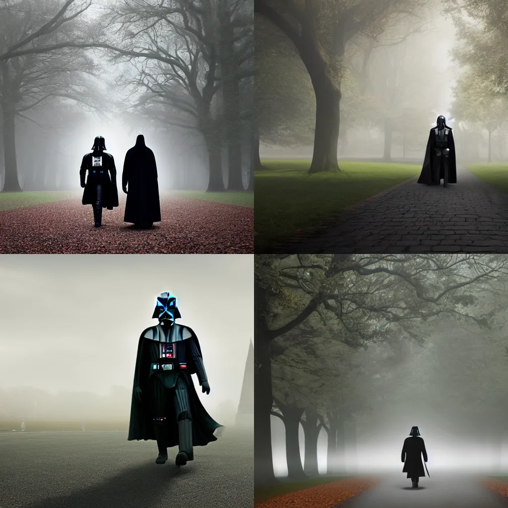 Prompt: matte painting of darth vader strolling at hyde park, morning fog, volumetric lighting, high detail, realistic, 4 k, dreamy