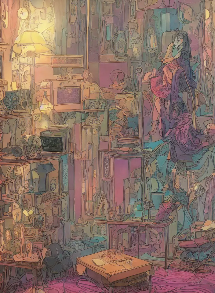 Image similar to telephoto 7 0 mm f / 2. 8 iso 2 0 0 photograph depicting the feeling of chrysalism in a cosy safe cluttered french sci - fi ( ( art nouveau ) ) cyberpunk apartment in a pastel dreamstate art cinema style. ( person relaxing living room ) ( ( fish tank ) ), ambient light.