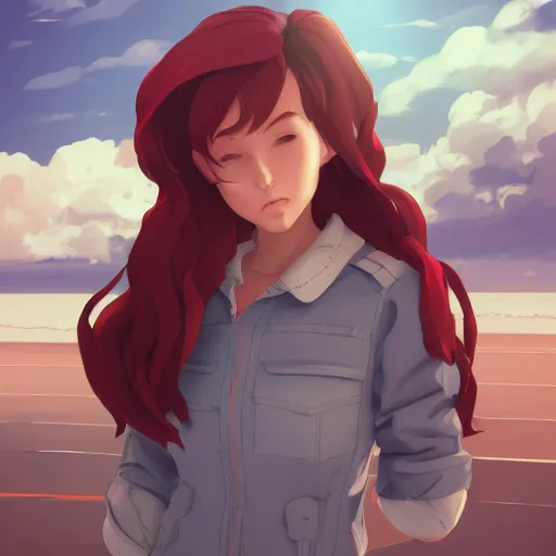 Prompt: full body character deisgn by lois van baarle, artgerm, helen huang, by makoto shinkai and ilya kuvshinov and greg rutkowski. cute russian cyborg scarlet red haired woman, steel gray body, denim shorts, jacket, wandering at beach at sunset, soft smile, 8 k ultra detailed, elegant, octane render, curvy body