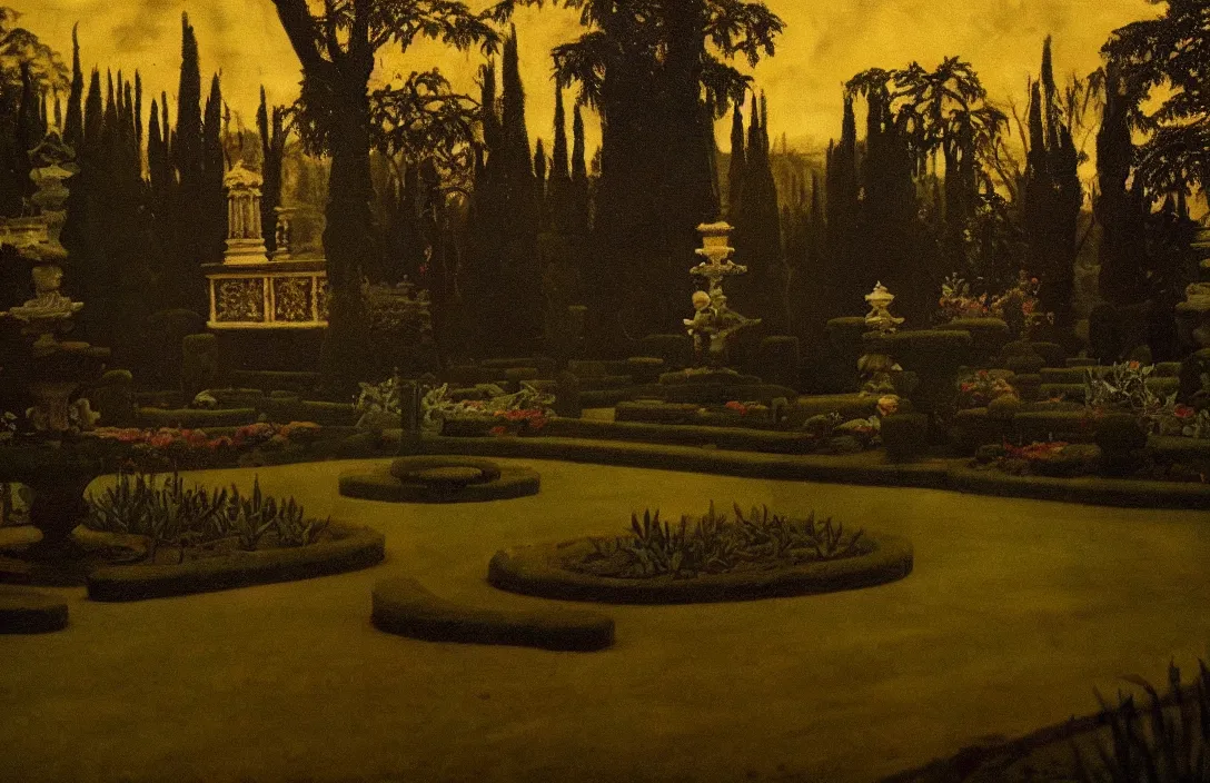 Prompt: virtuoso painting royal garden design by andre le notre intact flawless ambrotype from 4 k criterion collection remastered cinematography gory horror film, ominous lighting, evil theme wow photo realistic postprocessing divisionism painting by claude gellee