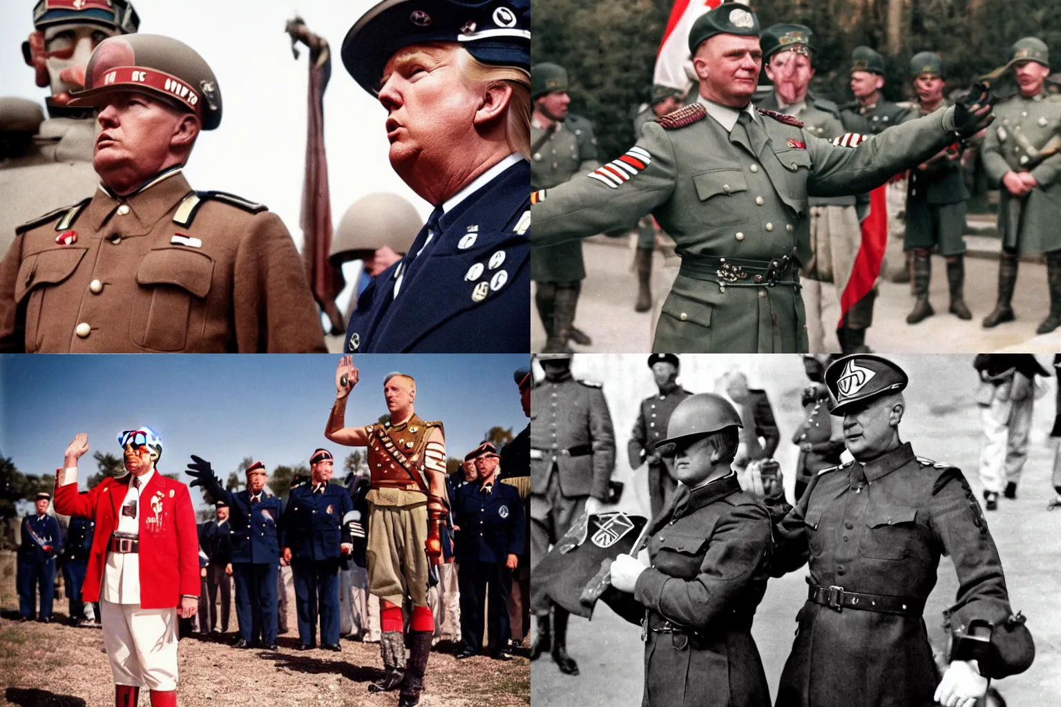 Prompt: color closeup photograph of Donald Trump wearing roman armor Reichsstaffelführer outfit saluting, soldier standing nearby wearing Schutzstaffel outfit carrying mp40, off-camera flash, canon 24mm f1 aperture, shallow depth of field, 1/400 shutterspeed, Ektachrome color photograph