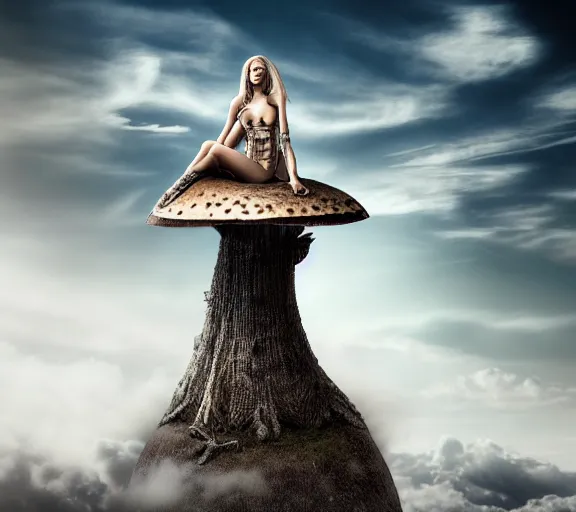 Image similar to a portrait photo of an armored female warrior sitting on the edge of a giant mushroom that covers a whole town and reaches above the clouds by luis royo. intricate. lifelike. soft light. sony a 7 r iv 5 5 mm. cinematic post - processing