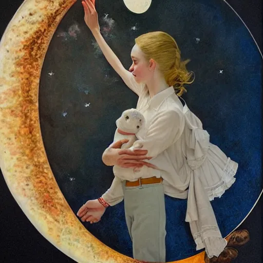 Prompt: Elle Fanning holding the moon, by Norman Rockwell, Extremely detailed. 8K. Award winning.