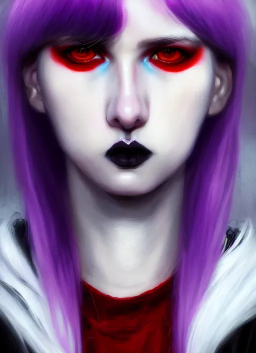 Image similar to portrait of white teenage girl, normal face, white bangs, mall goth, cyberlox, black and white hair, bangs, fluffy bangs, red contact lenses, purple lipstick, intricate, elegant, highly detailed, digital painting, artstation, concept art, sharp focus, smooth, illustration, art by wlop, mars ravelo and greg rutkowski