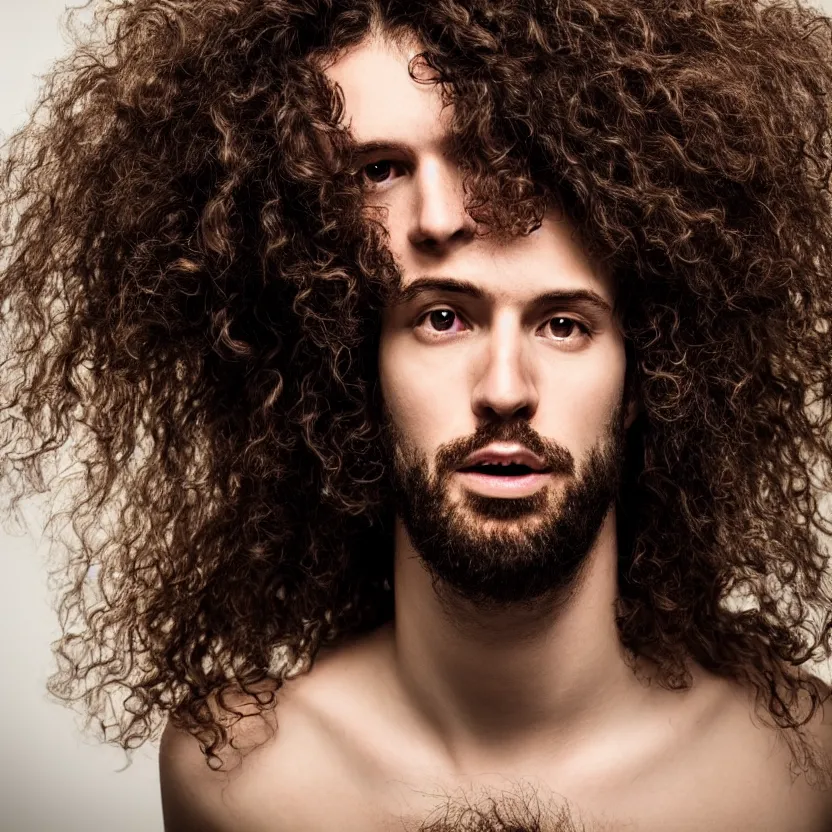 Image similar to portrait of a man, long curly hair, top lighting