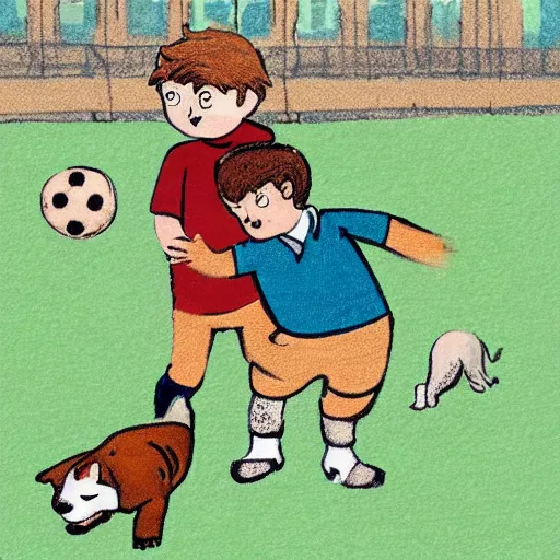 Image similar to illustration of french boy in paris playing football against a corgi, the corgi is wearing a polka dot scarf