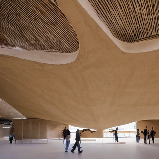 Image similar to indoor photo of a complex cultural building made of 3 d printed rammed earth, people walking