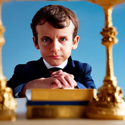 Prompt: closeup portrait of a tiny emmanuel macron dressed as napoleon standing on a desk, paris background, macro photo, bokeh, natural light, sharp, detailed face, magazine, press, steve mccurry, david lazar, canon, nikon, focus