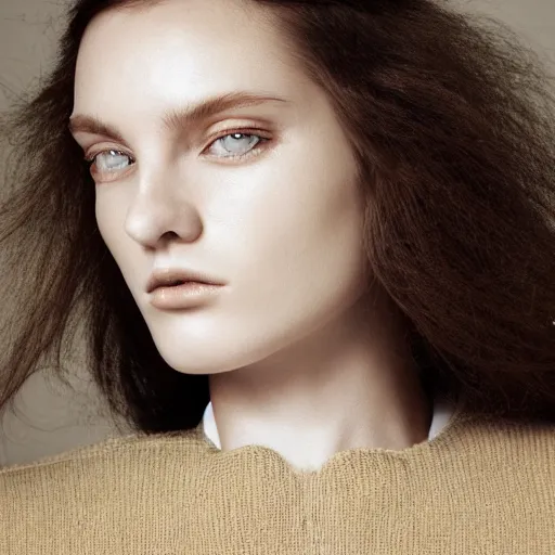 Image similar to close up of face of female fashion model, baroque style, beige colors, official jil sander editorial, highly detailed