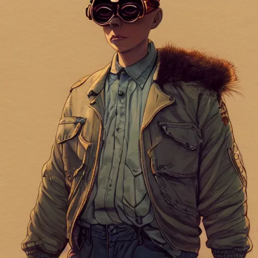 Image similar to tattooed stoic heroic emotionless butch blonde woman aviator with short slicked - back hair, wearing dark - lensed victorian goggles, wearing distressed dirty ripped flight suit, moebius, rough paper, behance hd by jesper ejsing, by rhads, makoto shinkai and lois van baarle, ilya kuvshinov, rossdraws global illumination.