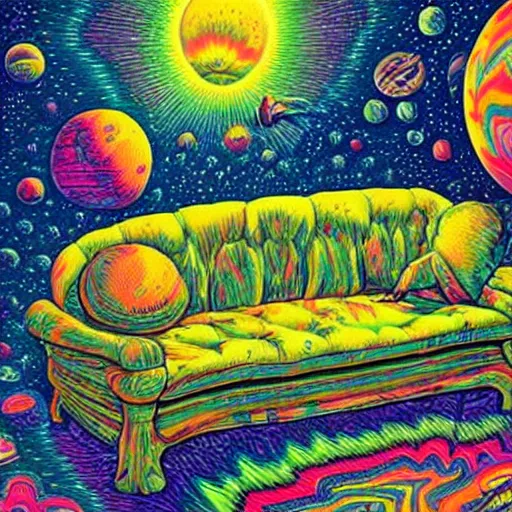 Image similar to psychedelic trippy couch in space, planets, milky way, sofa, cartoon by rob gonsalves and gustav dore