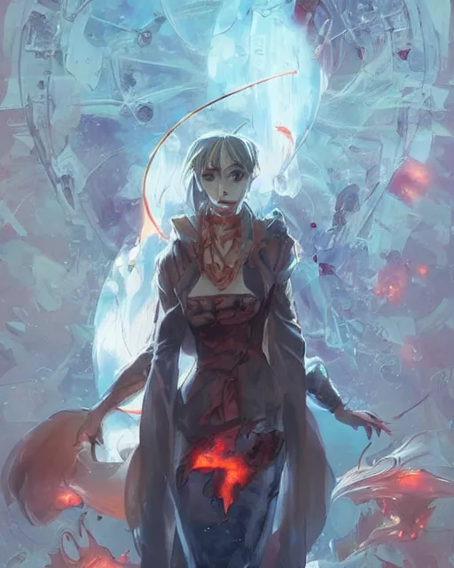 Image similar to red eyed anime girl, flames everywhere, highly detailed, digital painting, artstation, concept art, smooth, sharp focus, illustration, art by artgerm and greg rutkowski and alphonse mucha