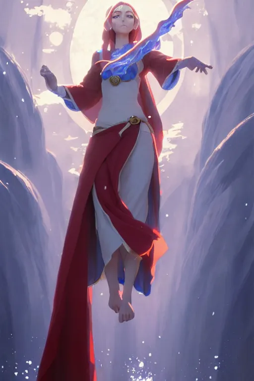 Image similar to elf female sorcerer doing water magic spells, blue robes, red hair, finely detailed perfect face, exquisite details, mid view, design on a white background, by studio muti, greg rutkowski makoto shinkai takashi takeuchi studio ghibli