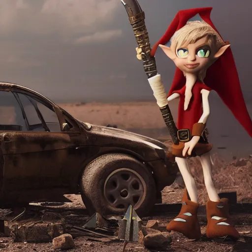 Prompt: a skinny high-fantasy elf with a long narrow face and spiky blonde hair wearing dark brown overalls and holding a bomb next to a destroyed car, high resolution film still, 8k, artstation